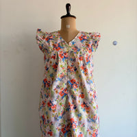 Orange And White Floral Hakoba V- Neck Ruffle Sleeve Long Zip Short Maternity Gown | Free Size | Chest Width 44″| Length 44″
