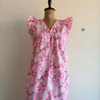 Pastel Pink Floral Hakoba V- Neck Ruffle Sleeve Long Zip Short Maternity Gown | Free Size | Chest Width 44″| Length 44″