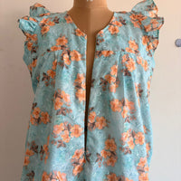 Orange Floral Printed Blue Hakoba V- Neck Ruffle Sleeve Long Zip Short Maternity Gown | Free Size | Chest Width 44″| Length 44″