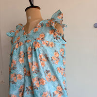 Orange Floral Printed Blue Hakoba V- Neck Ruffle Sleeve Long Zip Short Maternity Gown | Free Size | Chest Width 44″| Length 44″