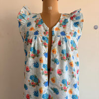 Pale Blue Floral Hakoba V- Neck Ruffle Sleeve Long Zip Short Maternity Gown | Free Size | Chest Width 44″| Length 44″