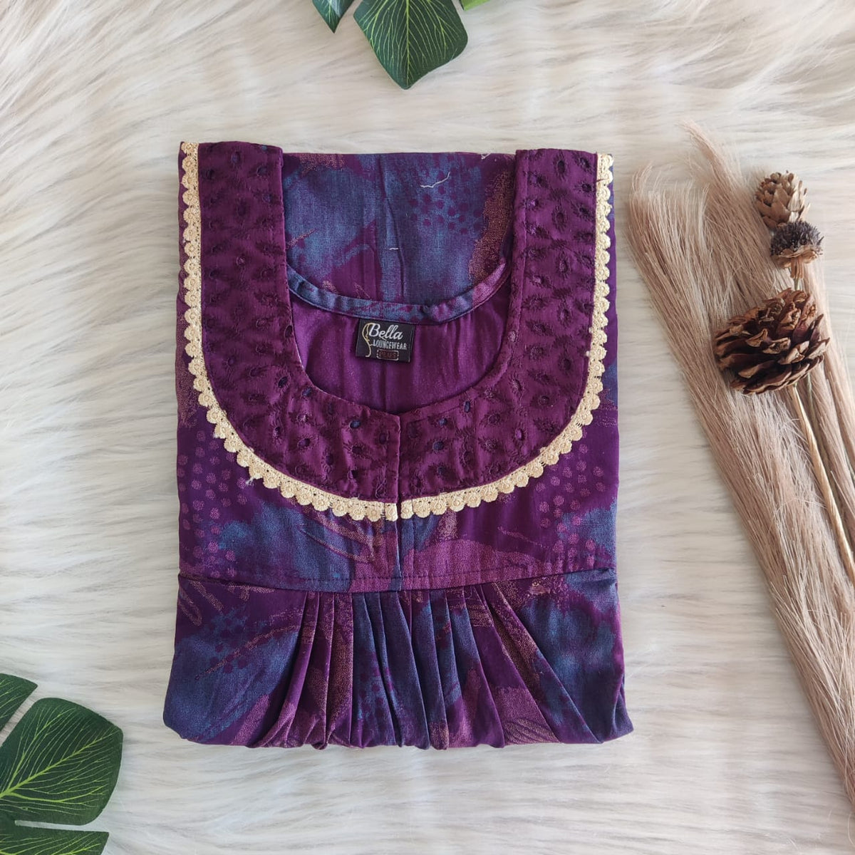 Wine Printed Discharge Cotton Hakoba Lace Nighty | Free Size | Chest Width 44″| Length 54″-56″