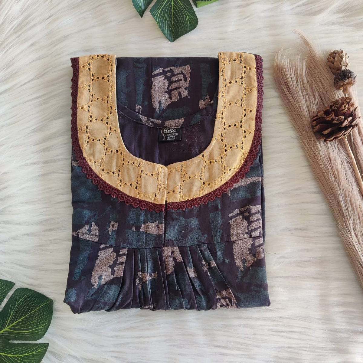 Green Printed Coffee Brown Discharge Cotton Hakoba Lace Nighty | Free Size | Chest Width 44″| Length 54″-56″