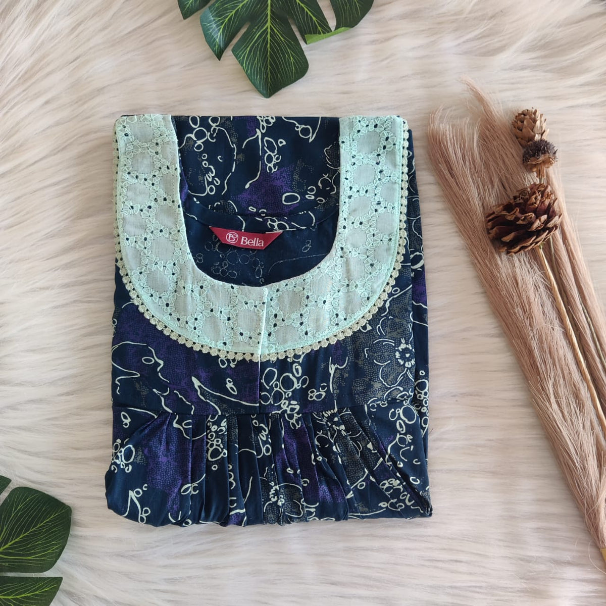 Green Printed Navy Blue Discharge Cotton Hakoba Lace Nighty | Free Size | Chest Width 44″| Length 54″-56″