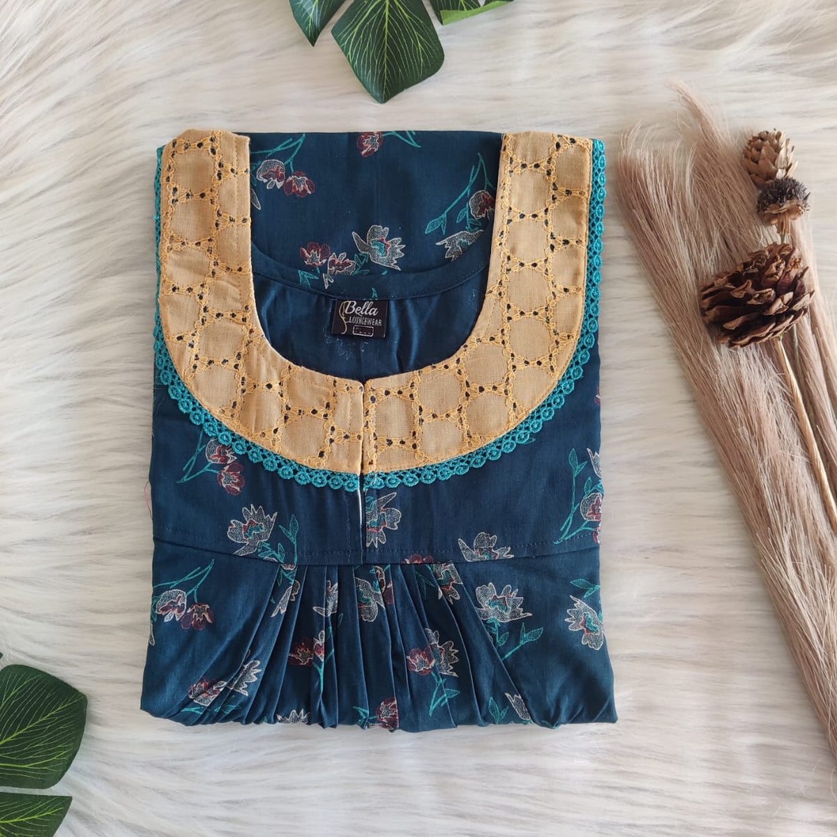 Cream Floral Printed Green Discharge Cotton Hakoba Lace Nighty | Free Size | Chest Width 44″| Length 54″-56″