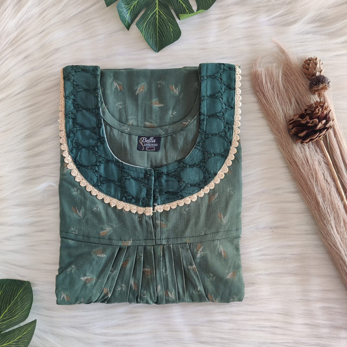 Green Leaf Printed Discharge Cotton Hakoba Lace Nighty | Free Size | Chest Width 44″| Length 54″-56″