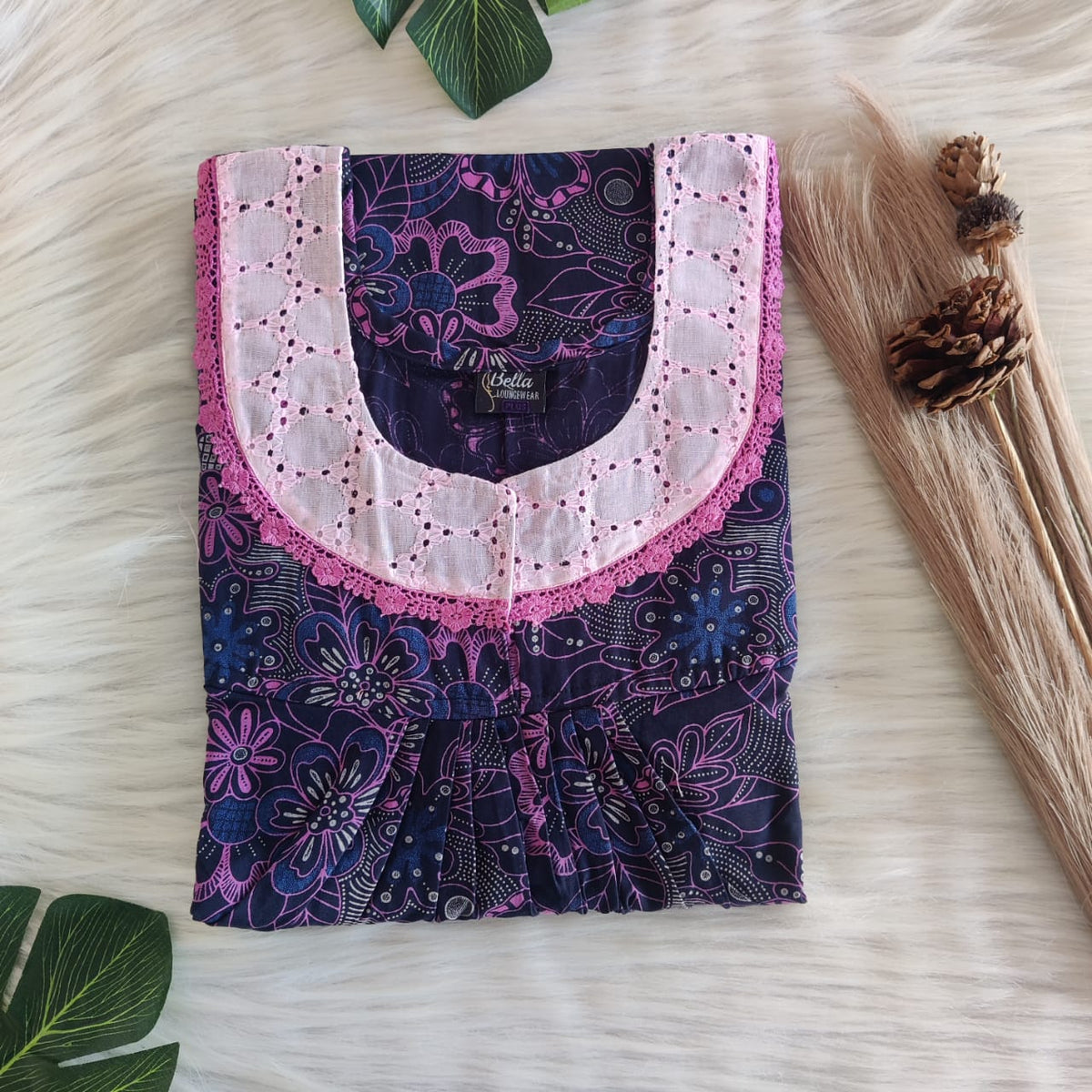 Pink Printed Black Discharge Cotton Hakoba Lace Nighty | Free Size | Chest Width 44″| Length 54″-56″