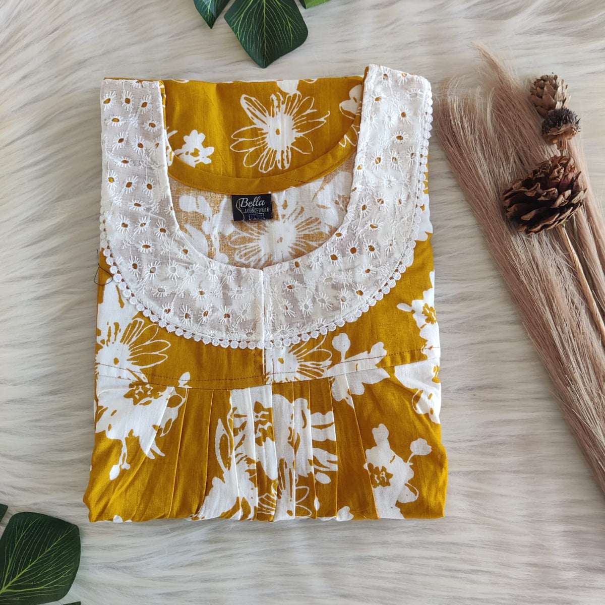 Mustard Yellow Printed Premium Cotton Hakoba Lace Nighty | Free Size | Chest Width 44″| Length 54″-56″