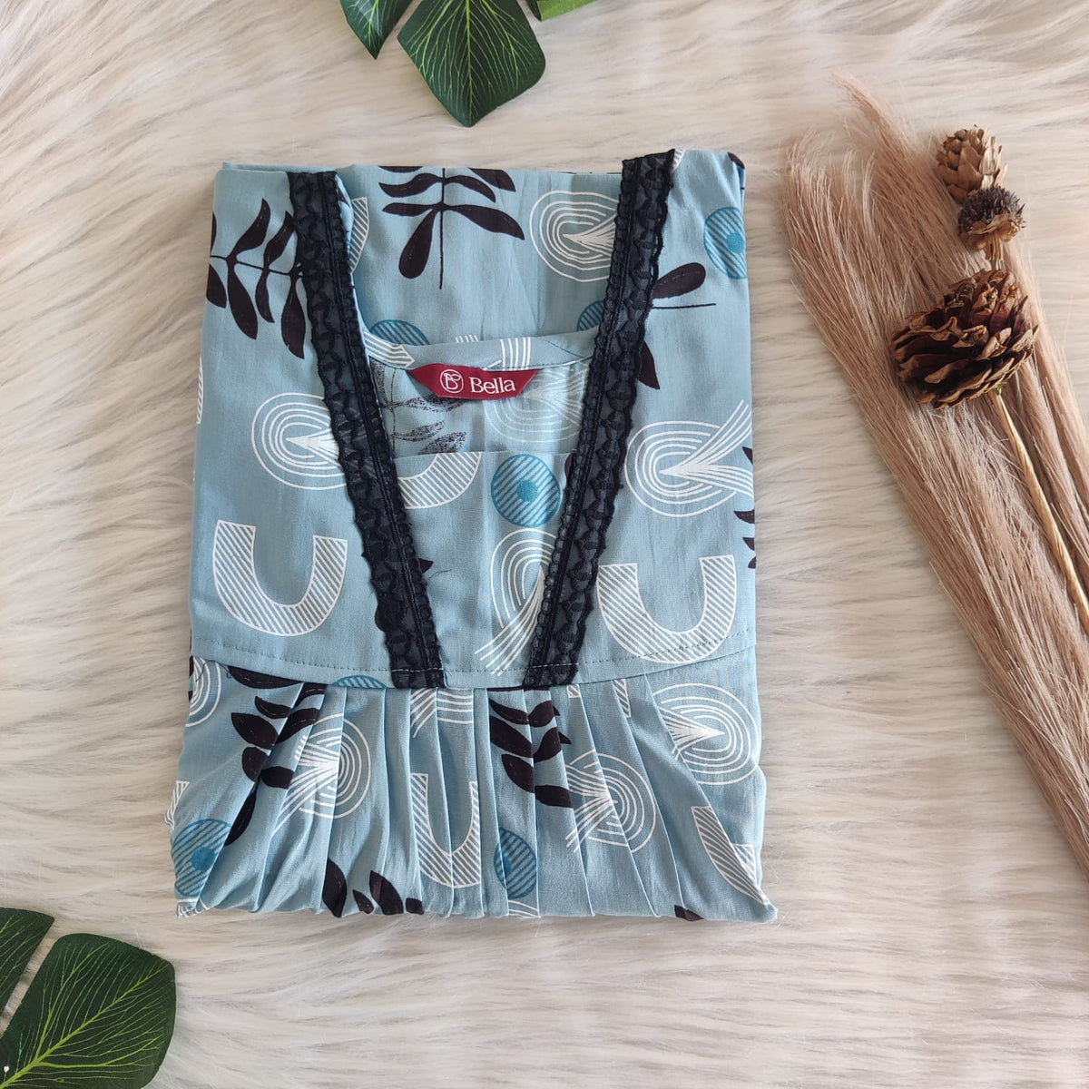 Pastel Blue Printed Premium Cotton V-Neck Lace Pleated Nighty | No Zip | Free Size | Chest Width 44″| Length 56″
