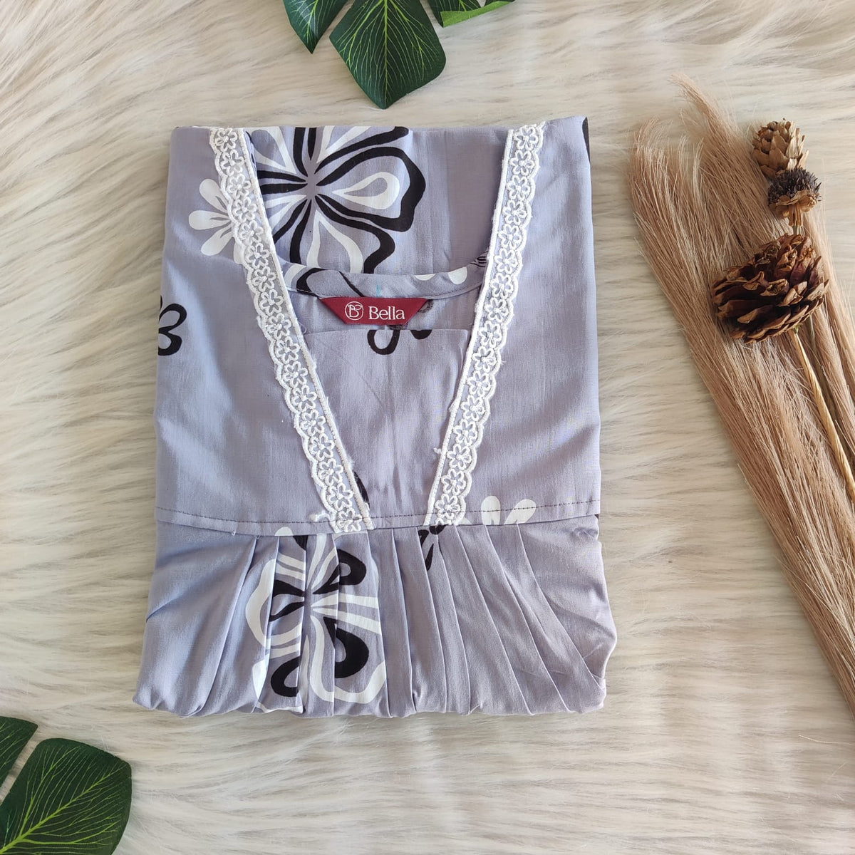 Ash Grey Printed Premium Cotton V-Neck Lace Pleated Nighty | No Zip | Free Size | Chest Width 44″| Length 56″