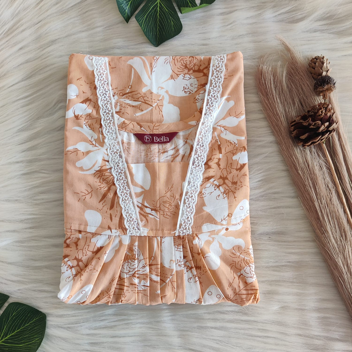 Pastel Orange Printed Premium Cotton V-Neck Lace Pleated Nighty | No Zip | Free Size | Chest Width 44″| Length 56″