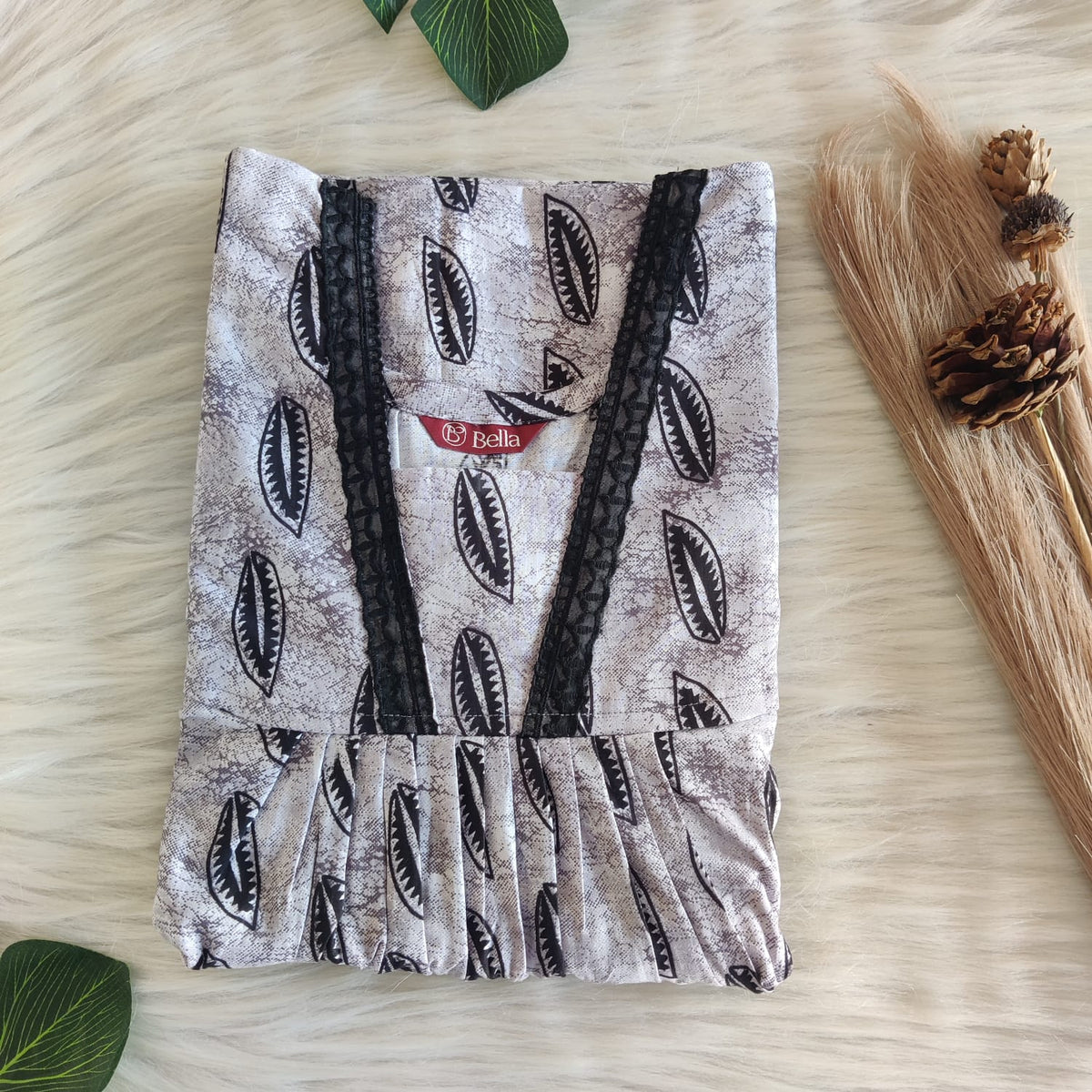 White And Black Leaf Printed Premium Cotton V-Neck Lace Pleated Nighty | No Zip | Free Size | Chest Width 44″| Length 56″