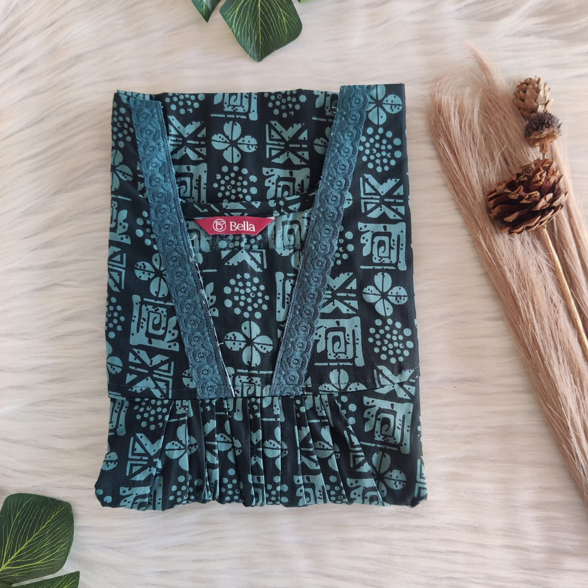 Green Printed Black Premium Cotton V-Neck Lace Pleated Nighty | No Zip | Free Size | Chest Width 44″| Length 56″