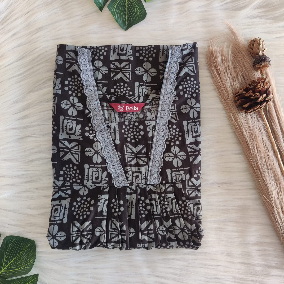 Grey Printed Black Premium Cotton V-Neck Lace Pleated Nighty | No Zip | Free Size | Chest Width 44″| Length 56″