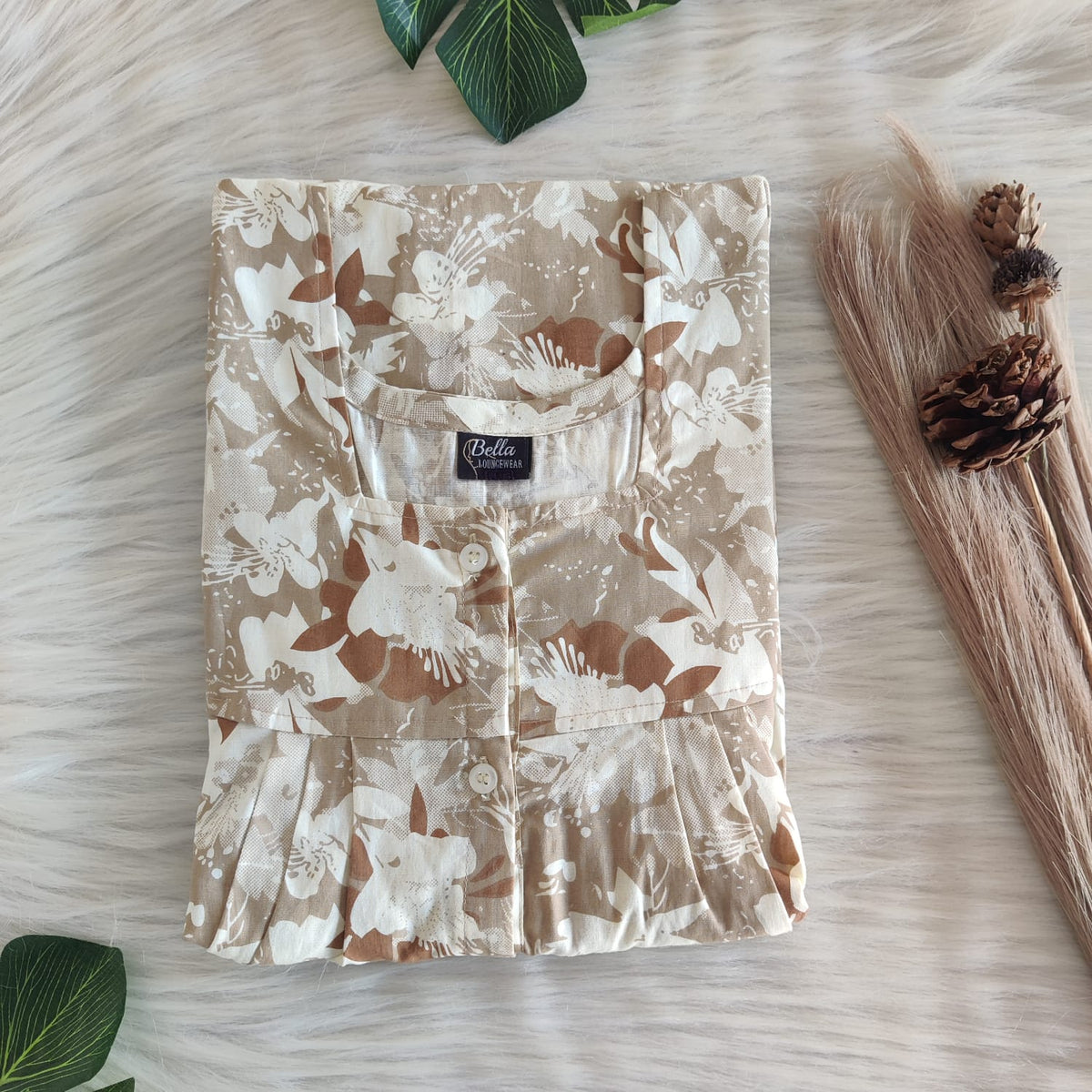 Pale Brown Floral Printed Premium Cotton Full Open Labour Room Nighty | Free Size | Chest Width 44"| Length 54"-56"