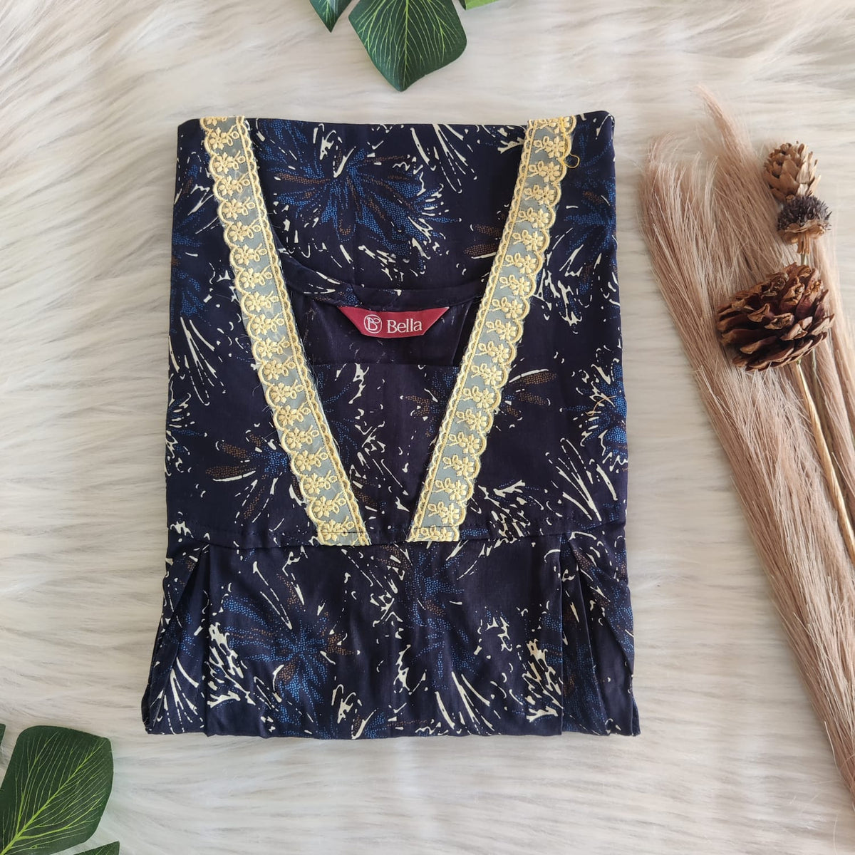 Cream Printed Navy Blue Discharge Cotton Two Side Vertical Lace Zip Feeding Nighty | Free Size | Chest Width 44″| Length 56″
