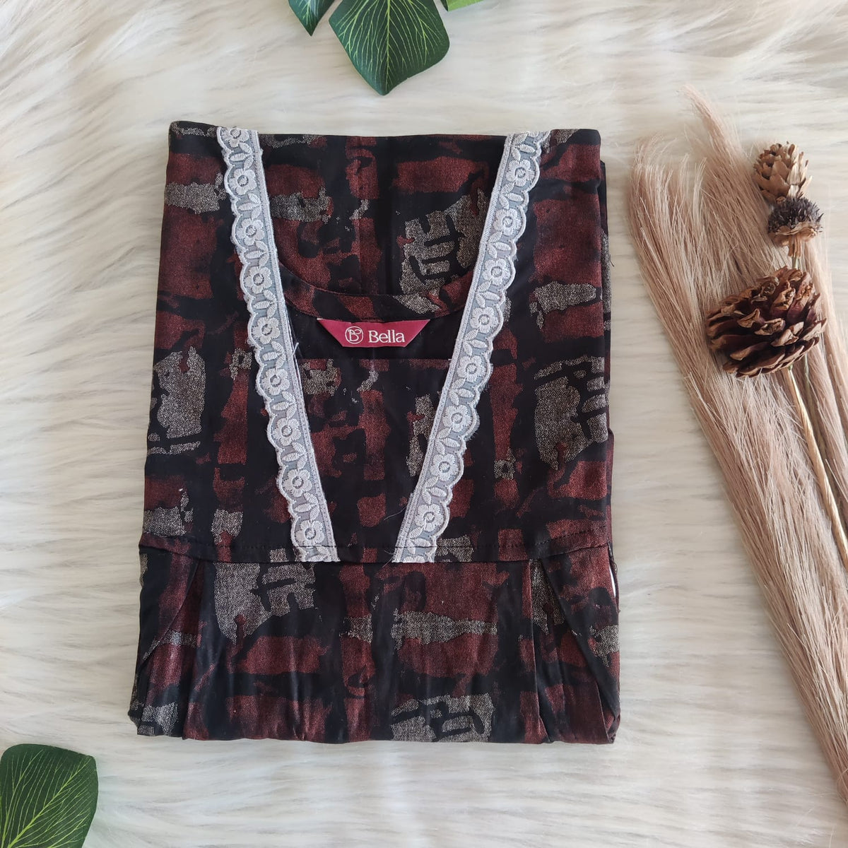 Orange Printed Black Discharge Cotton Two Side Vertical Lace Zip Feeding Nighty | Free Size | Chest Width 44″| Length 56″