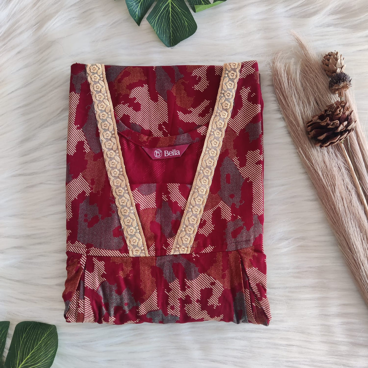 Cream Printed Maroon Discharge Cotton Two Side Vertical Lace Zip Feeding Nighty | Free Size | Chest Width 44″| Length 56″