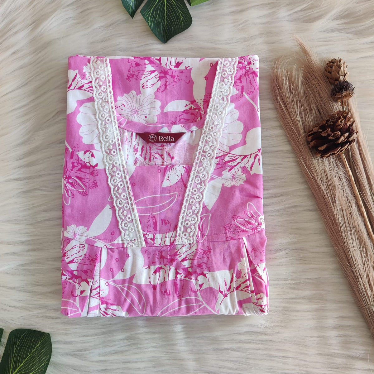 White Floral Printed Pink Premium Cotton Two Side Vertical Lace Zip Feeding Nighty | Free Size | Chest Width 44″| Length 56″