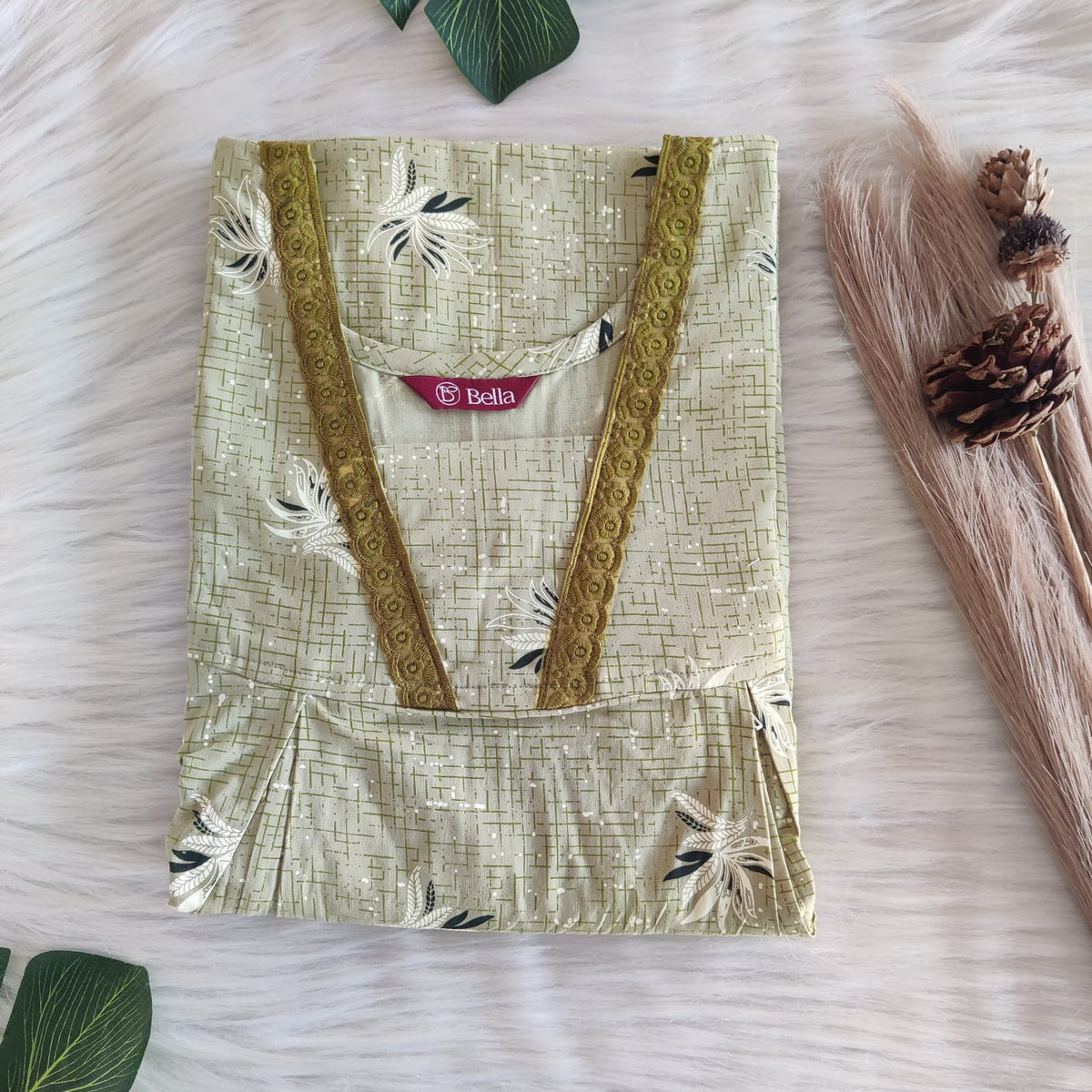 Pastel Green Printed Premium Cotton Two Side Vertical Lace Zip Feeding Nighty | Free Size | Chest Width 44″| Length 56″