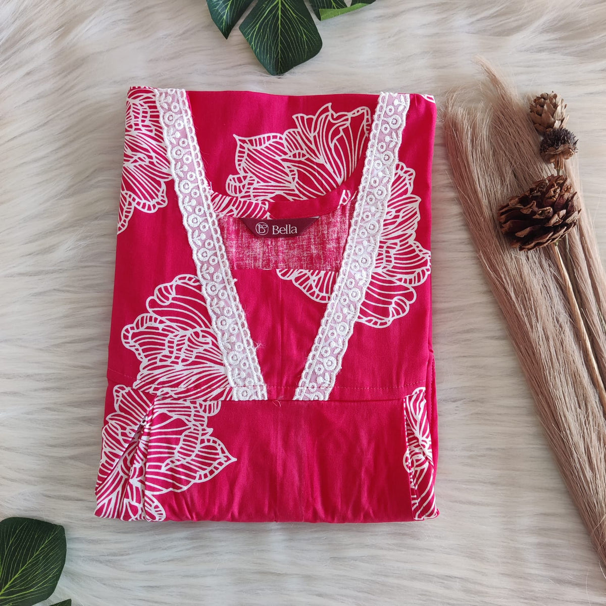 Red And White Floral Printed Premium Cotton Two Side Vertical Lace Zip Feeding Nighty | Free Size | Chest Width 44″| Length 56″