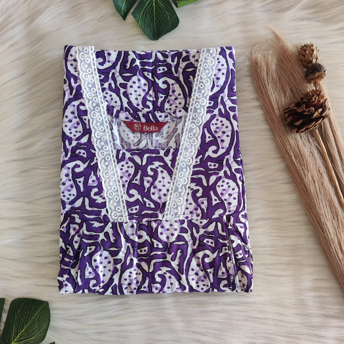 Purple Printed Premium Cotton Two Side Vertical Lace Zip Feeding Nighty | Free Size | Chest Width 44″| Length 56″
