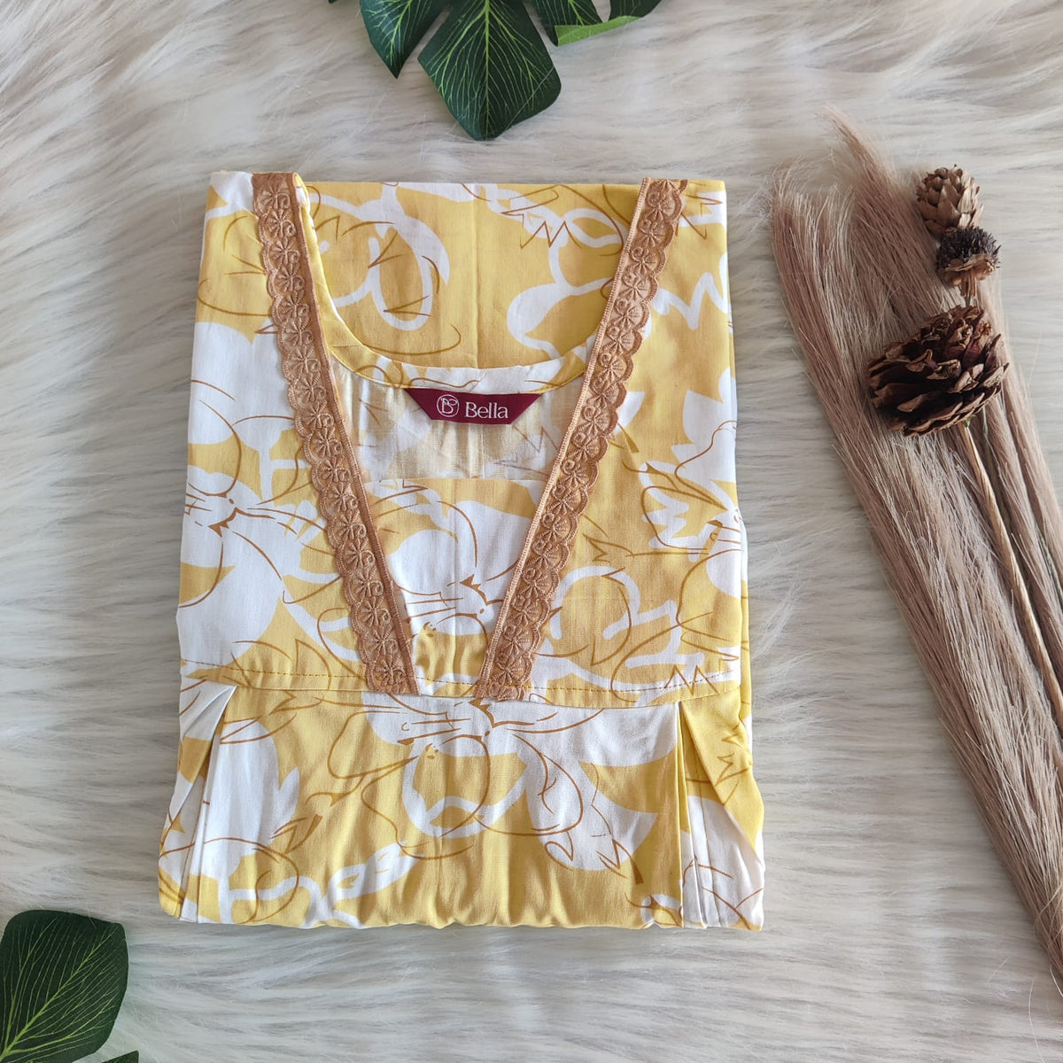 Pale Yellow Printed Premium Cotton Two Side Vertical Lace Zip Feeding Nighty | Free Size | Chest Width 44″| Length 56″