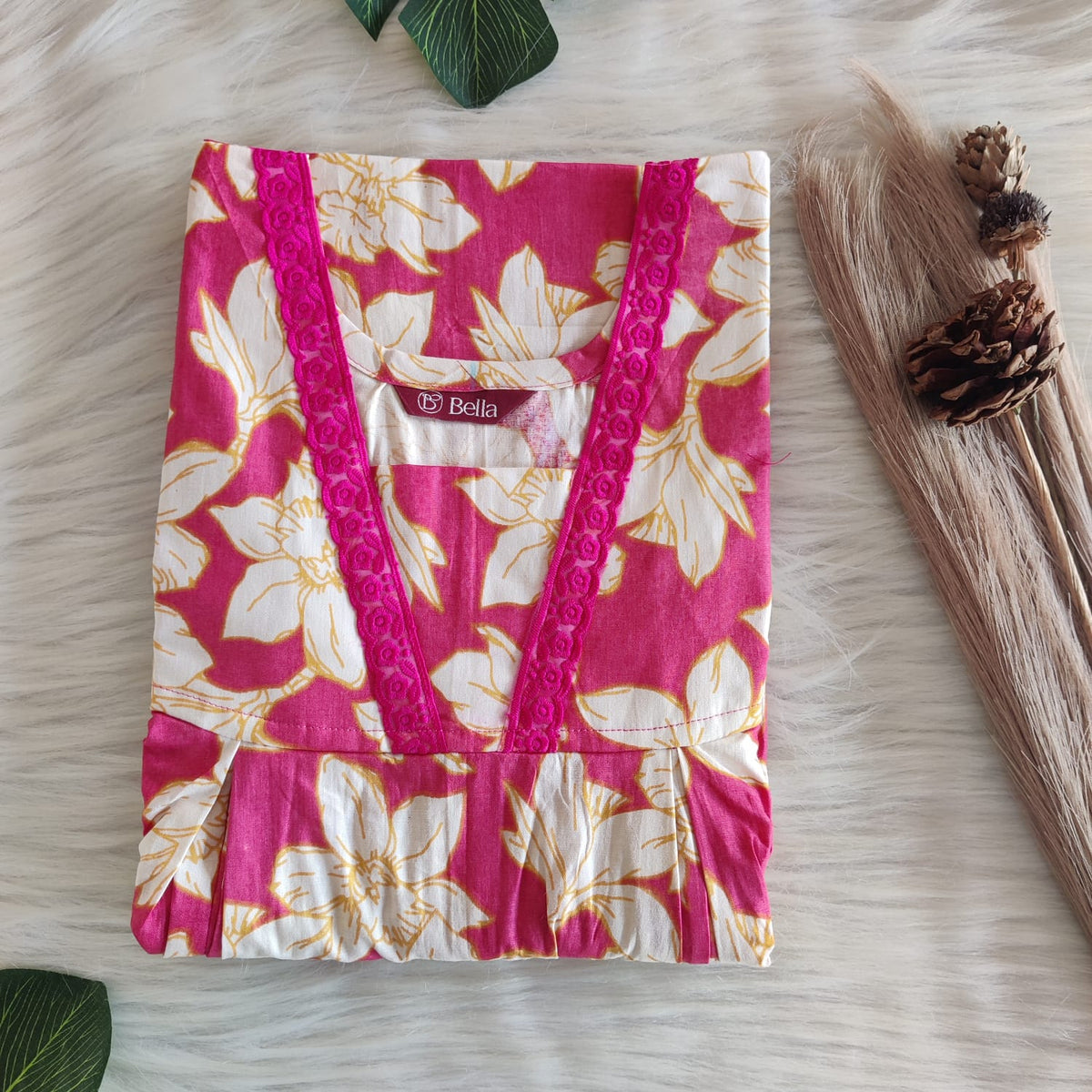 Pink And Yellow Floral Printed Premium Cotton Two Side Vertical Lace Zip Feeding Nighty | Free Size | Chest Width 44″| Length 56″