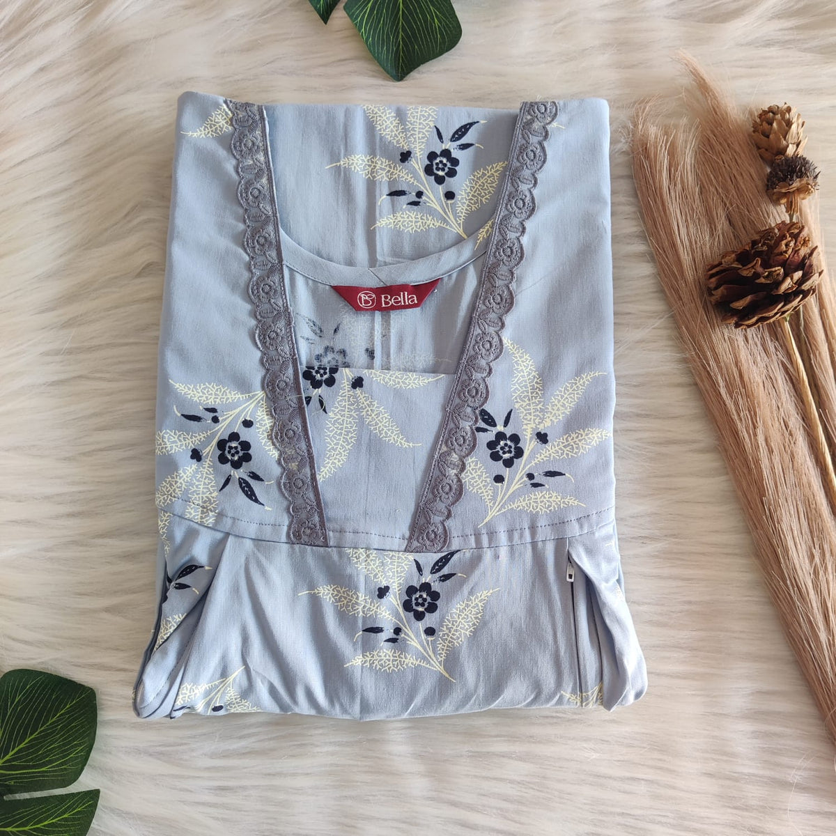 Pastel Blue Printed Premium Cotton Two Side Vertical Lace Zip Feeding Nighty | Free Size | Chest Width 44″| Length 56″
