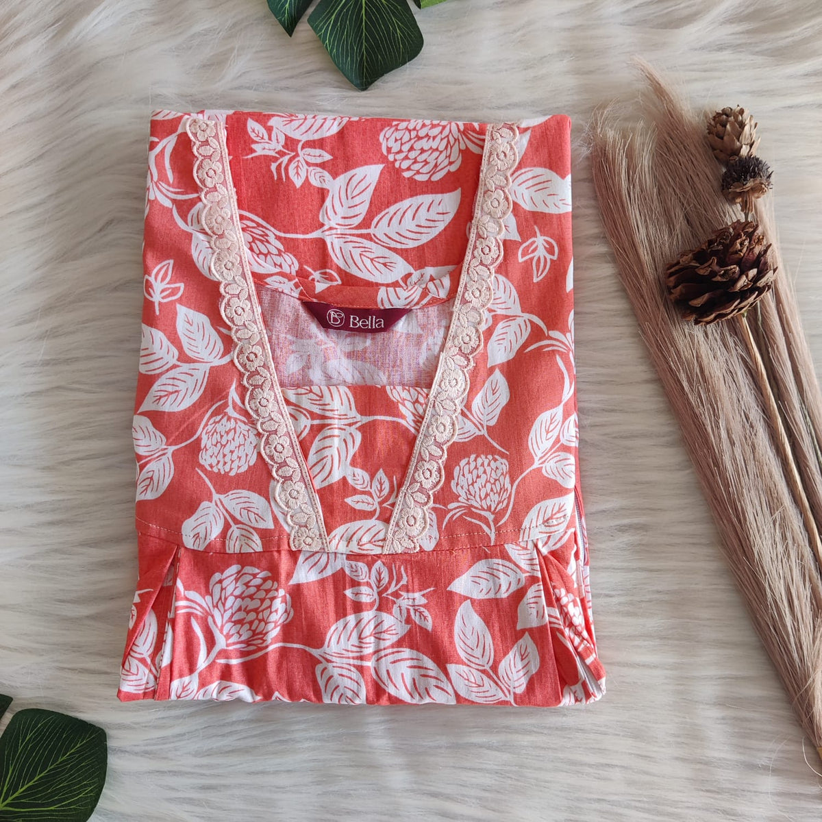 Orange And White Leaf Printed Premium Cotton Two Side Vertical Lace Zip Feeding Nighty | Free Size | Chest Width 44″| Length 56″