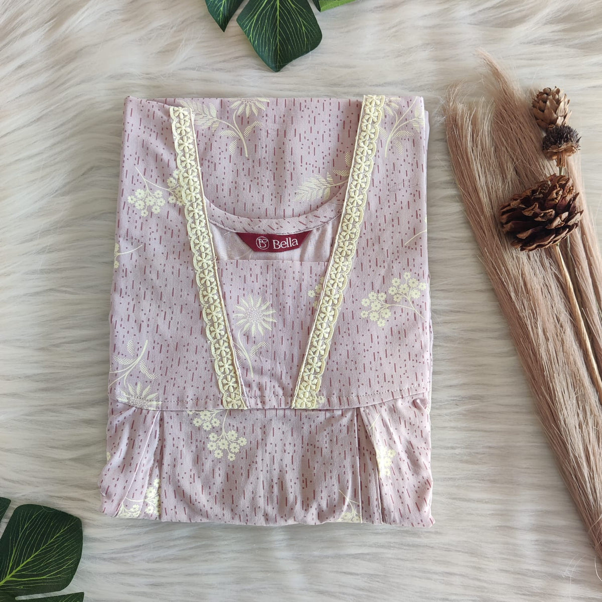 Pastel Mauve Printed Premium Cotton Two Side Vertical Lace Zip Feeding Nighty | Free Size | Chest Width 44″| Length 56″