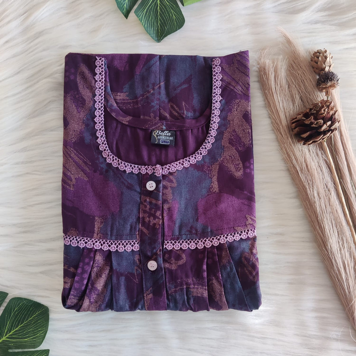 Wine Printed Discharge Cotton Lace Button Nighty | Free Size | Chest Width 44"| Length 54"-56"