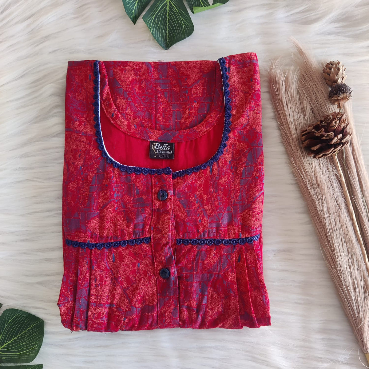 Red Printed Discharge Cotton Lace Button Nighty | Free Size | Chest Width 44"| Length 54"-56"