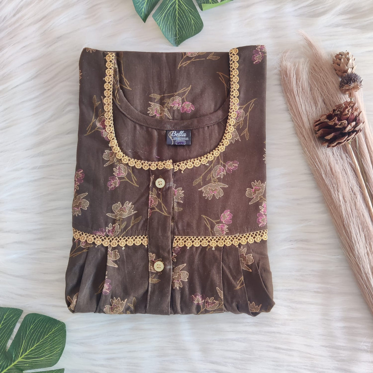 Olive Green Printed Discharge Cotton Lace Button Nighty | Free Size | Chest Width 44"| Length 54"-56"