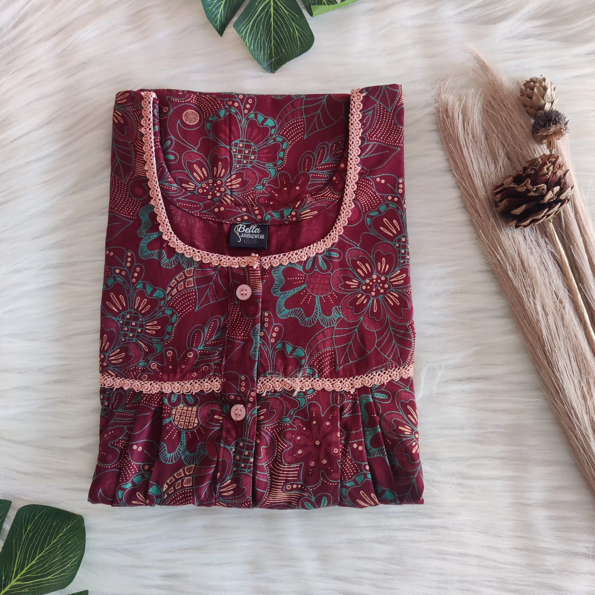 Maroon Printed Discharge Cotton Lace Button Nighty | Free Size | Chest Width 44"| Length 54"-56"