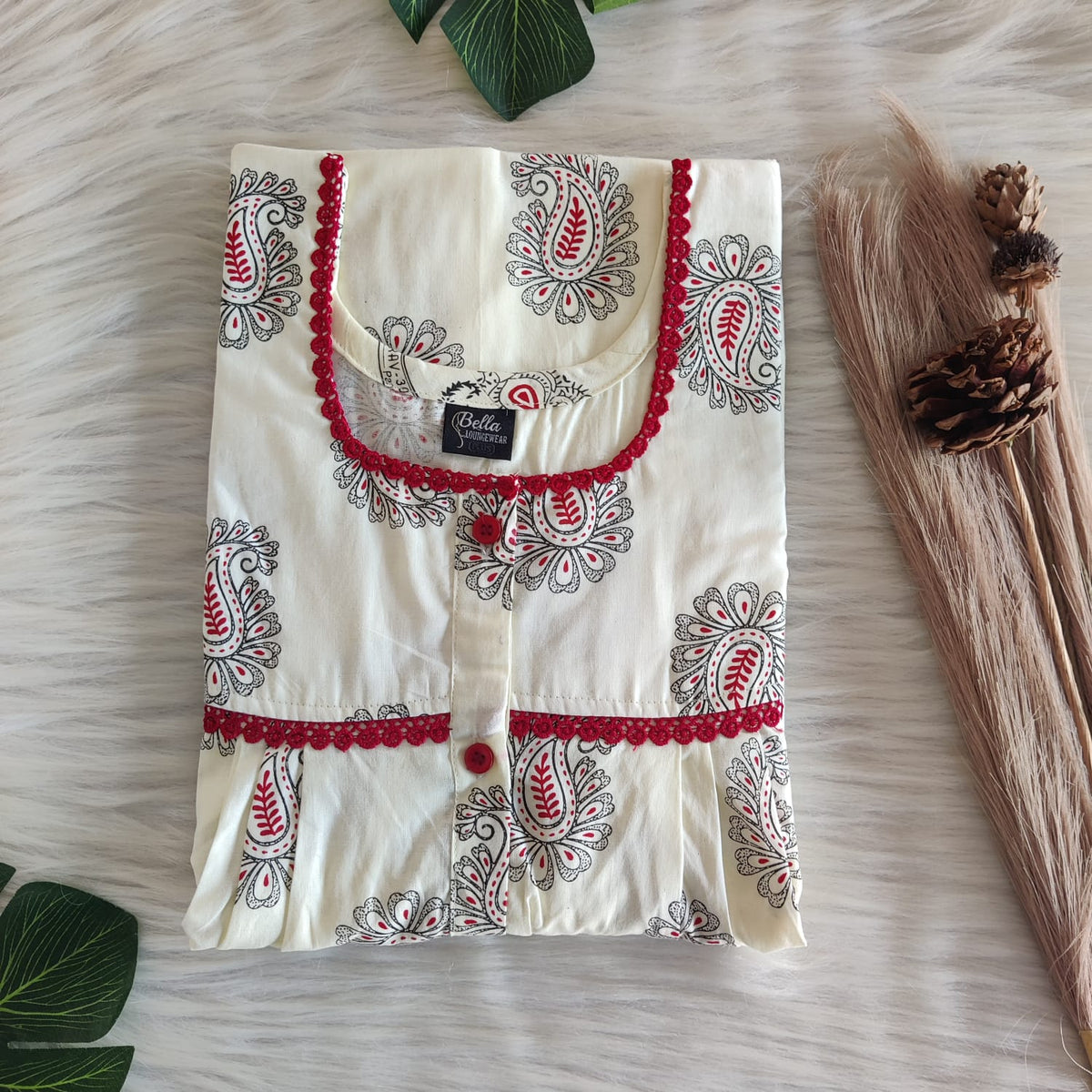 Ivory Kalamkari Printed Premium Cotton Lace Button Nighty | Free Size | Chest Width 44"| Length 54"-56"