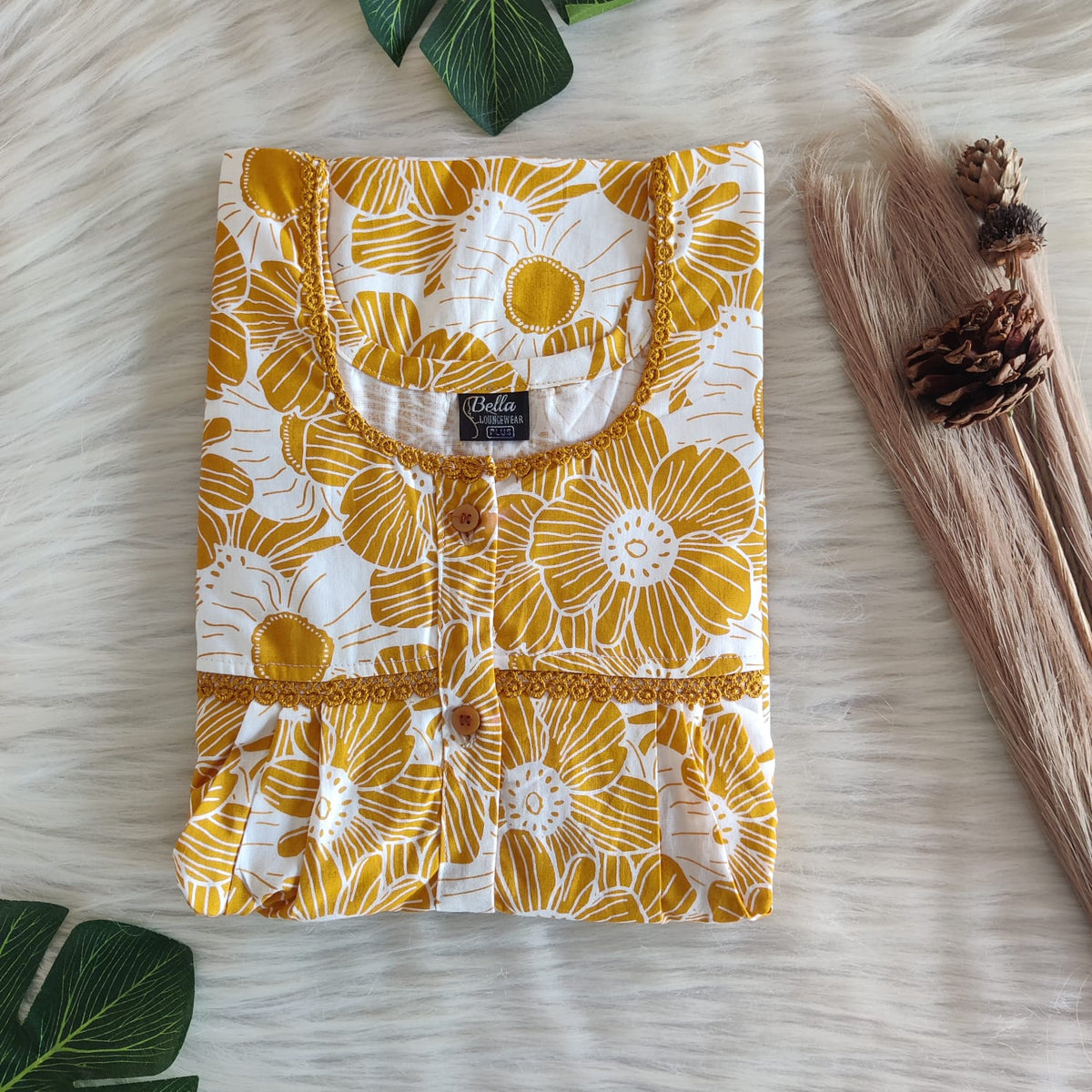 Mustard Yellow Floral Printed Premium Cotton Lace Button Nighty | Free Size | Chest Width 44"| Length 54"-56"