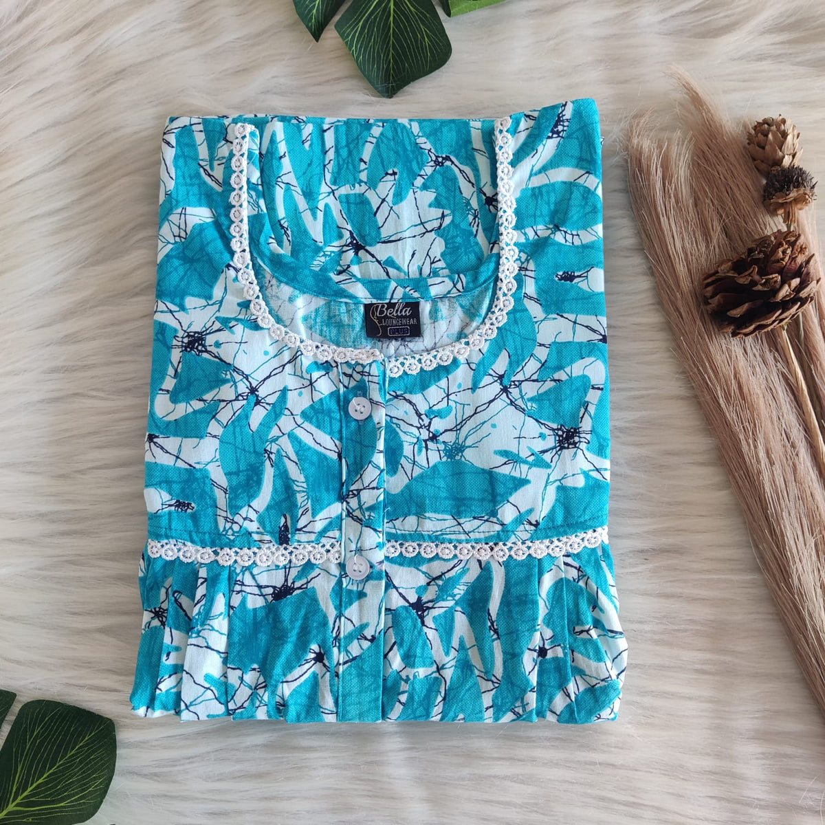 Blue Printed Premium Cotton Lace Button Nighty | Free Size | Chest Width 44"| Length 54"-56"