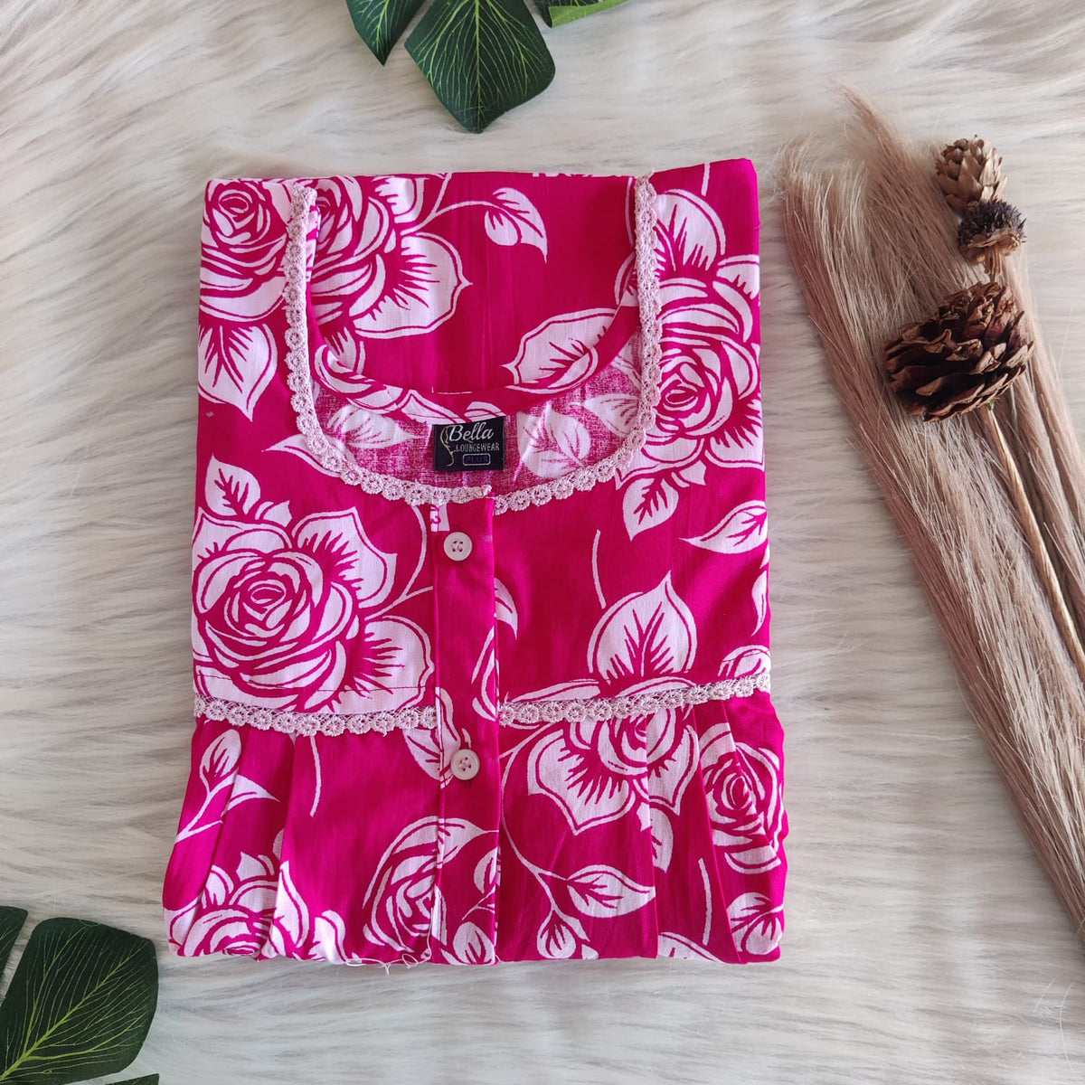 Pink And White Floral Printed Premium Cotton Lace Button Nighty | Free Size | Chest Width 44"| Length 54"-56"