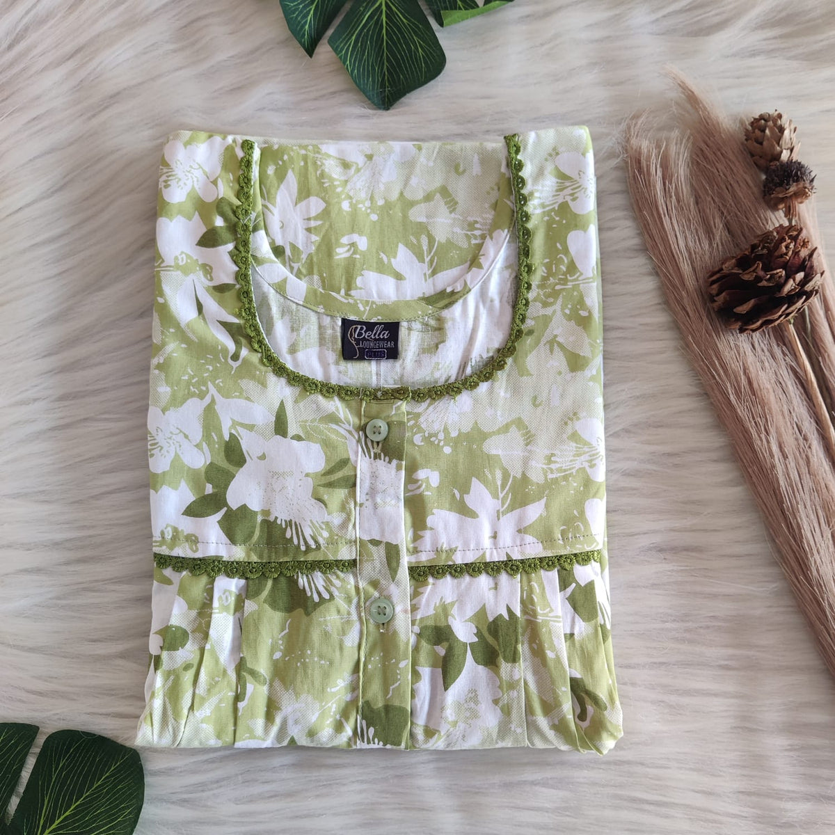Green Printed Premium Cotton Lace Button Nighty | Free Size | Chest Width 44"| Length 54"-56"