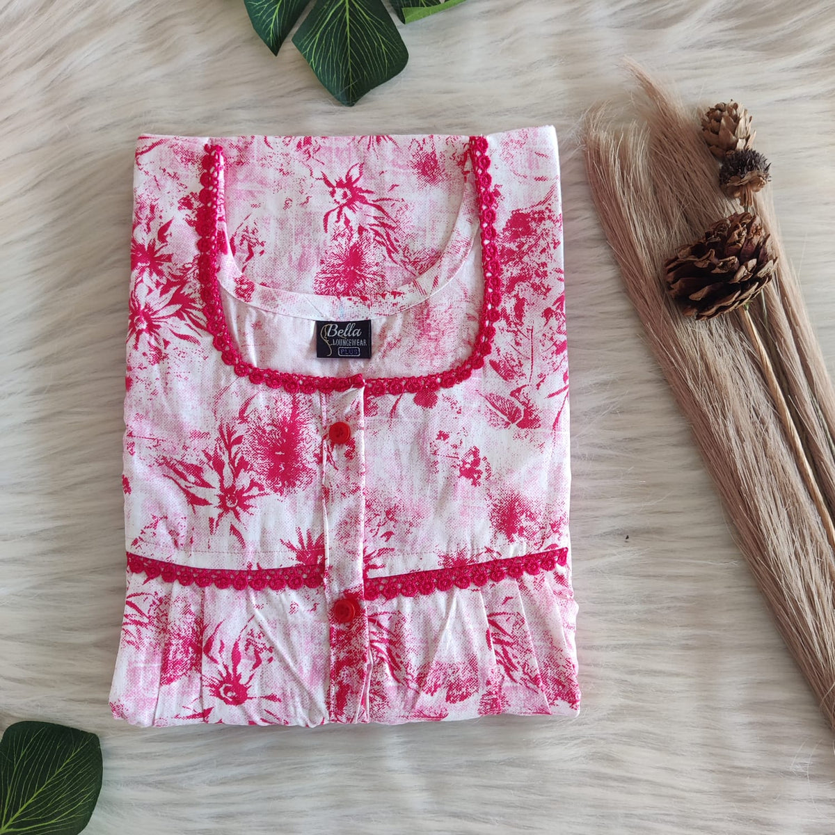 Red Printed White Printed Premium Cotton Lace Button Nighty | Free Size | Chest Width 44"| Length 54"-56"