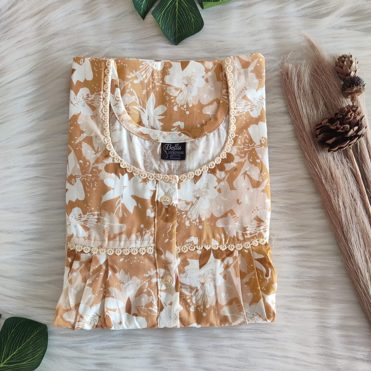 Pale Brown Printed Premium Cotton Lace Button Nighty | Free Size | Chest Width 44"| Length 54"-56"