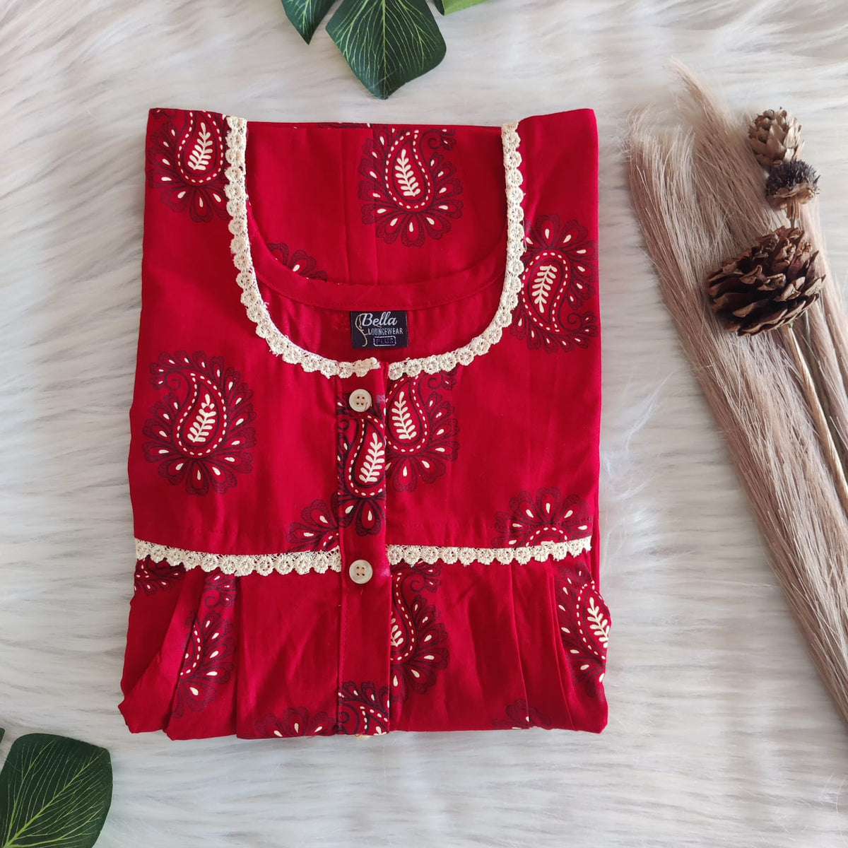 Red Kalamkari Printed Premium Cotton Lace Button Nighty | Free Size | Chest Width 44"| Length 54"-56"