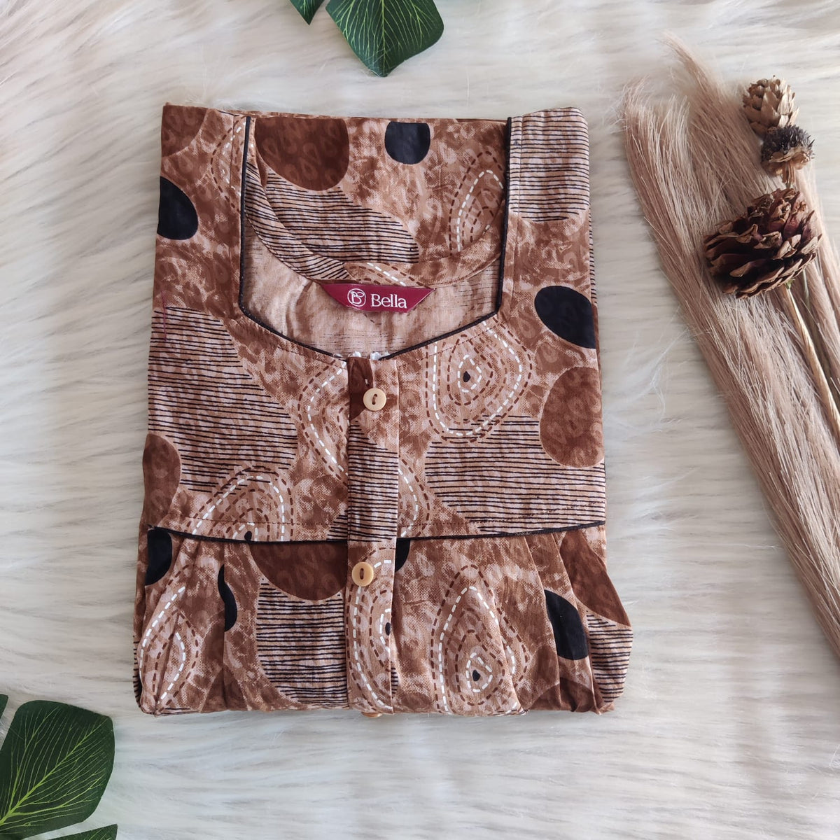 Brown Printed Premium Cotton Button Zip Nighty | Free Size | Chest Width 44″| Length 55″-56″