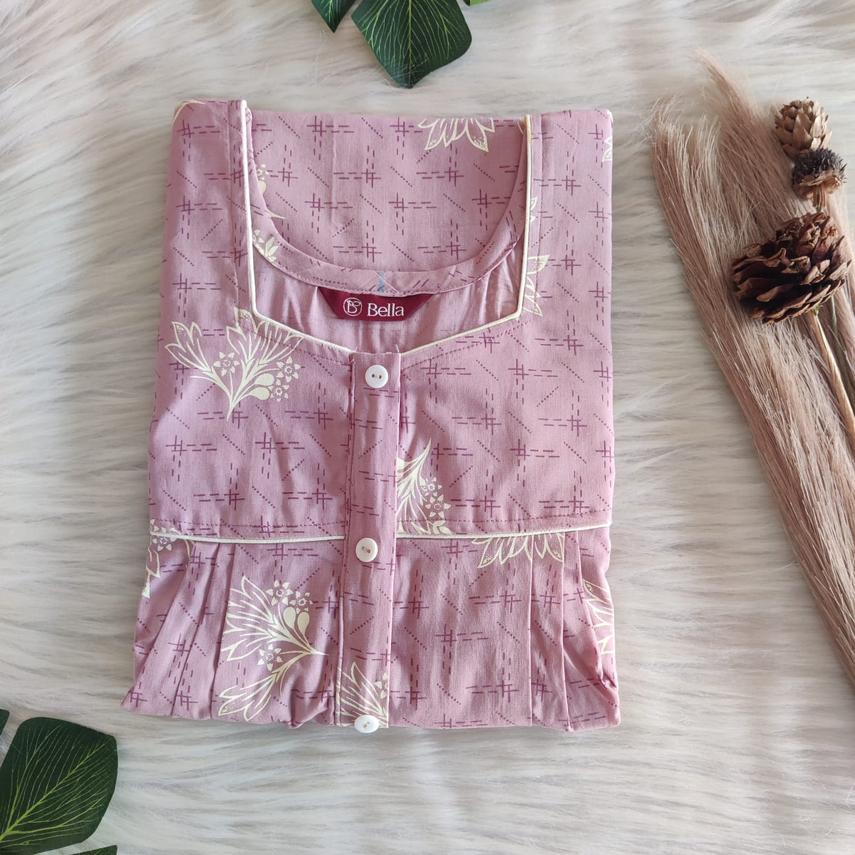 Pastel Mauve Printed Premium Cotton Button Zip Nighty | Free Size | Chest Width 44″| Length 55″-56″