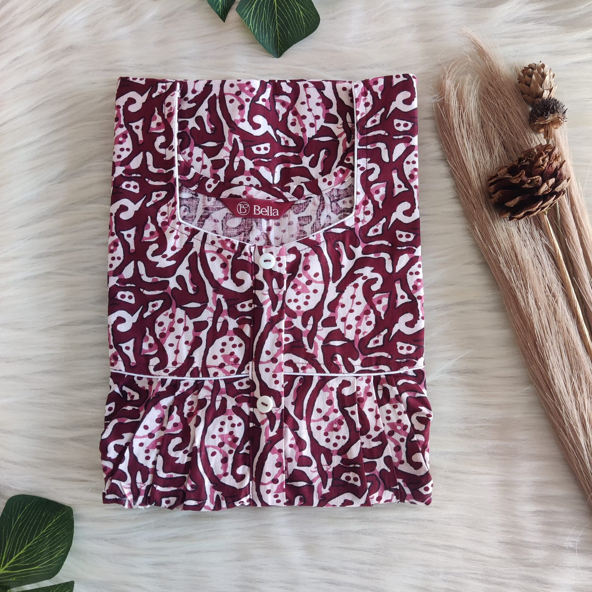 Maroon And White Kalamkari Printed Premium Cotton Button Zip Nighty | Free Size | Chest Width 44″| Length 55″-56″