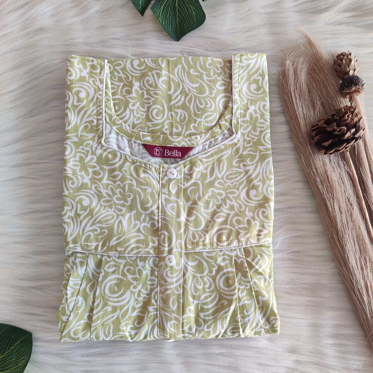 Pastel Green Printed Premium Cotton Button Zip Nighty | Free Size | Chest Width 44″| Length 55″-56″