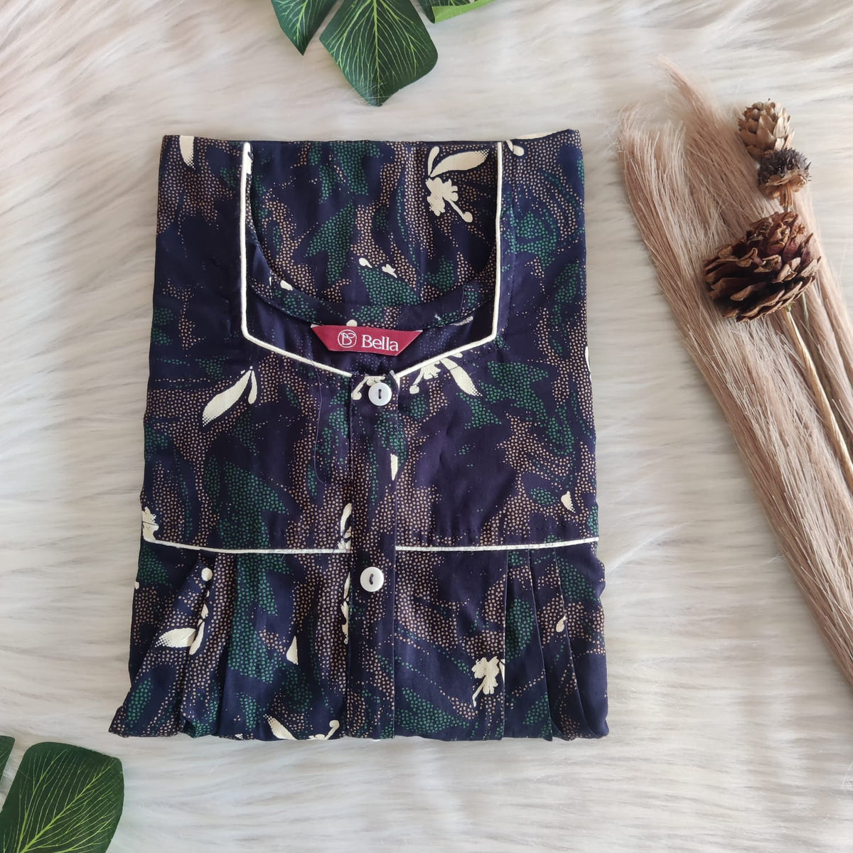 Cream Printed Navy Blue Discharge Cotton Button Zip Nighty | Free Size | Chest Width 44″| Length 55″-56″