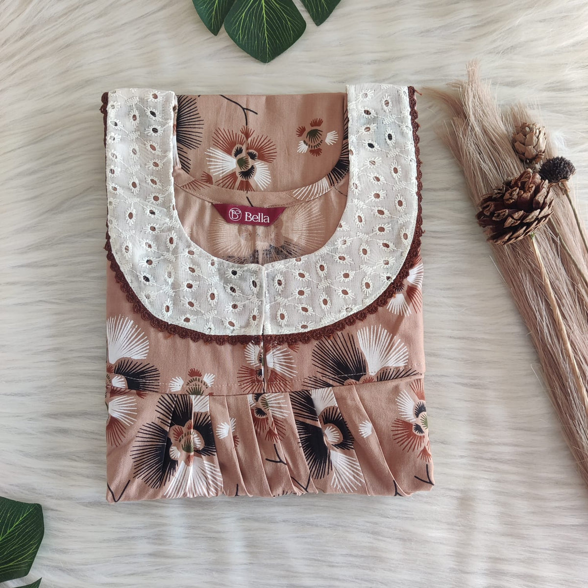 Pastel Brown And Black Printed Premium Cotton Hakoba Lace Nighty | Free Size | Chest Width 44″| Length 54″-56″