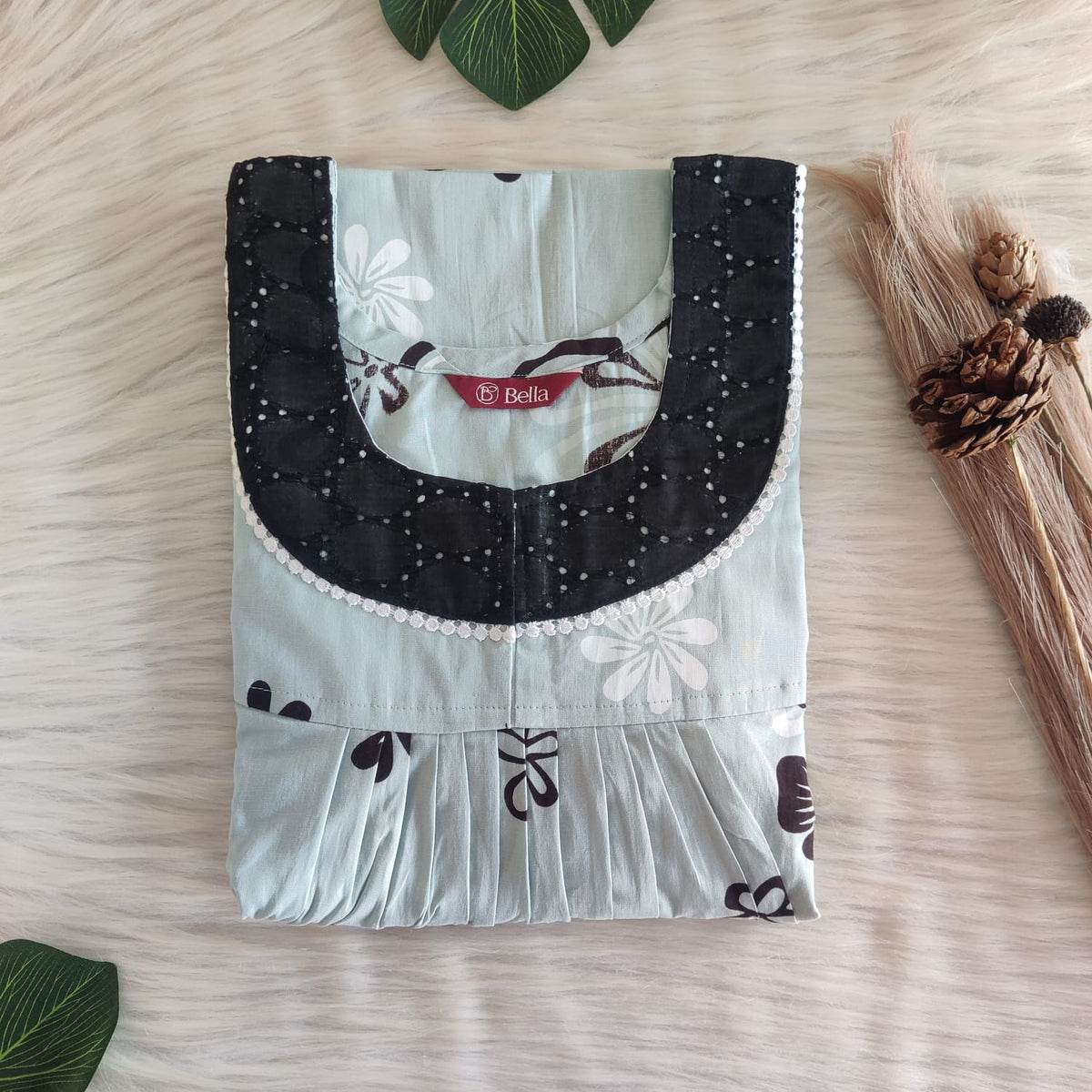 Pale Blue And Black Floral Printed Premium Cotton Hakoba Lace Nighty | Free Size | Chest Width 44″| Length 54″-56″